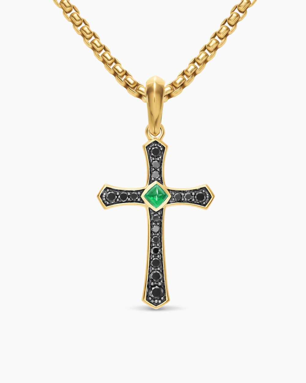 Mens Knife Edge Cross Amulet in 18K Yellow Gold with Emerald and Black Diamonds, 33.5mm