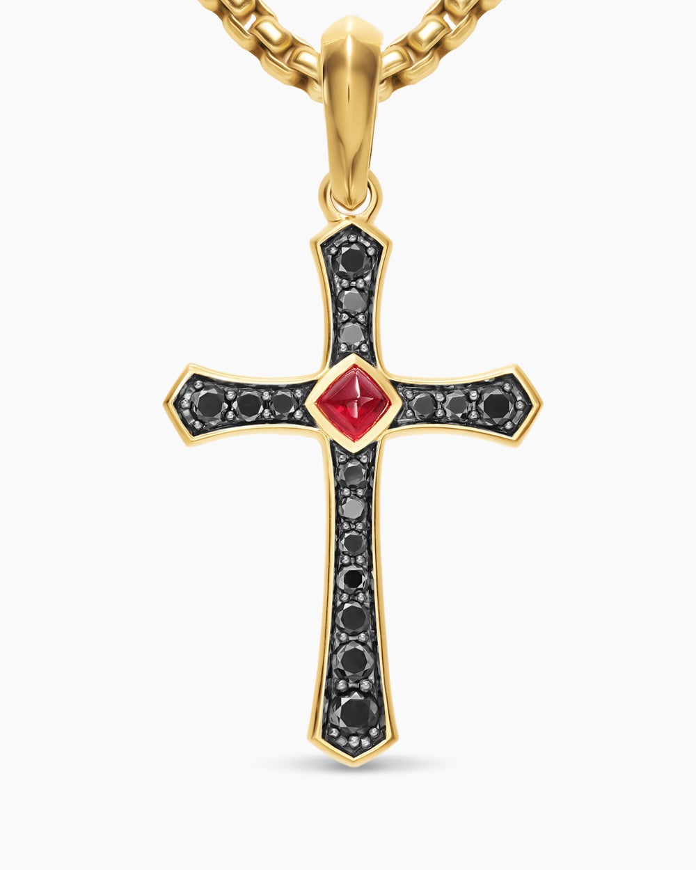 Mens Knife Edge Cross Amulet in 18K Yellow Gold with Ruby and Black Diamonds, 33.5mm