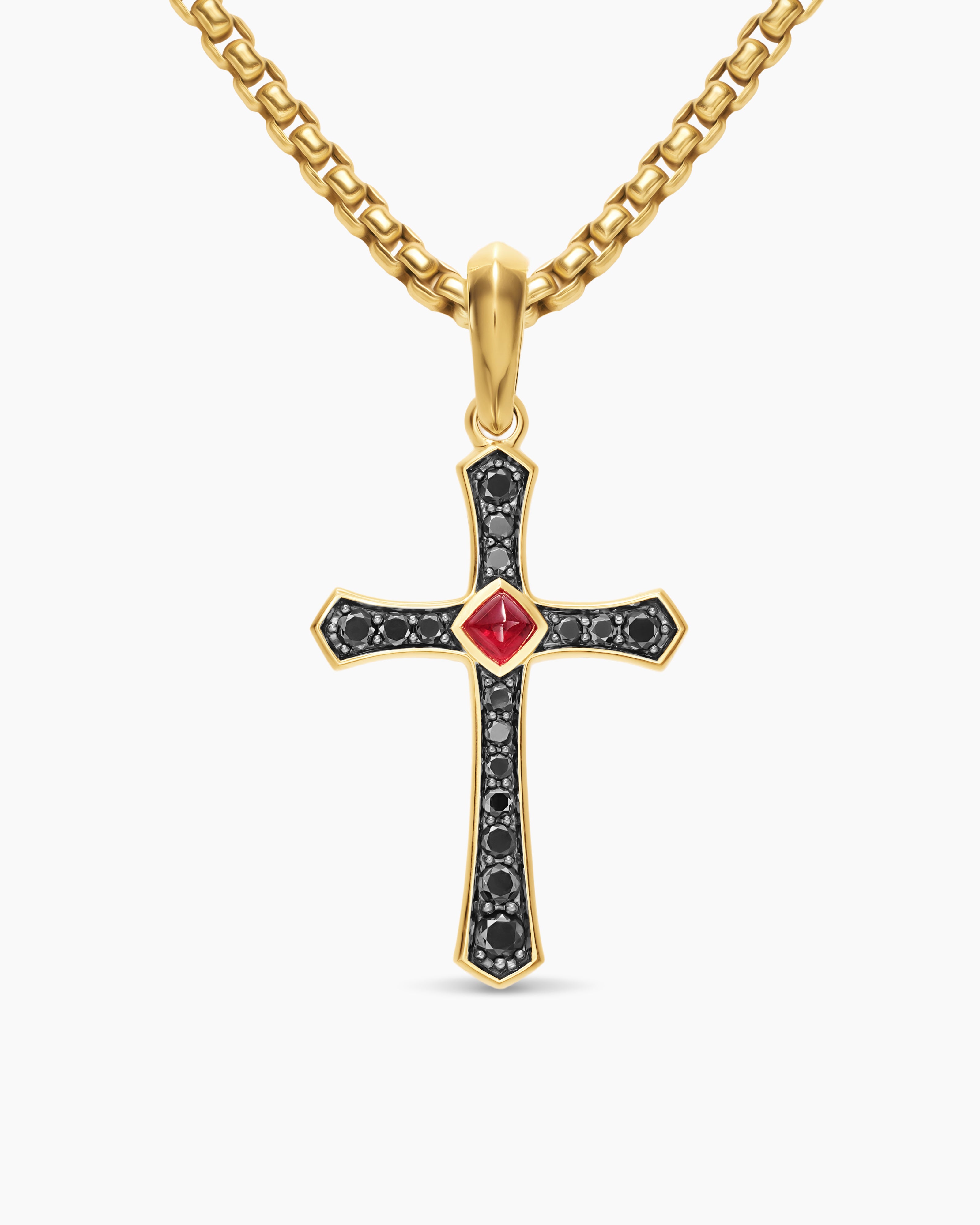 Mens Knife Edge Cross Amulet in 18K Yellow Gold with Ruby and Black Diamonds, 33.5mm