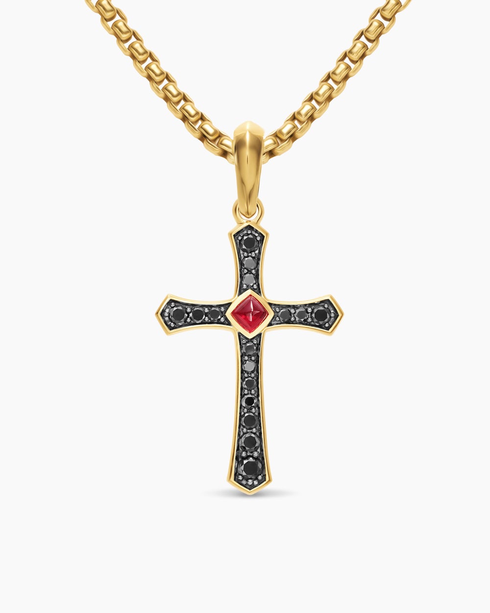 Mens Knife Edge Cross Amulet in 18K Yellow Gold with Ruby and Black Diamonds, 33.5mm