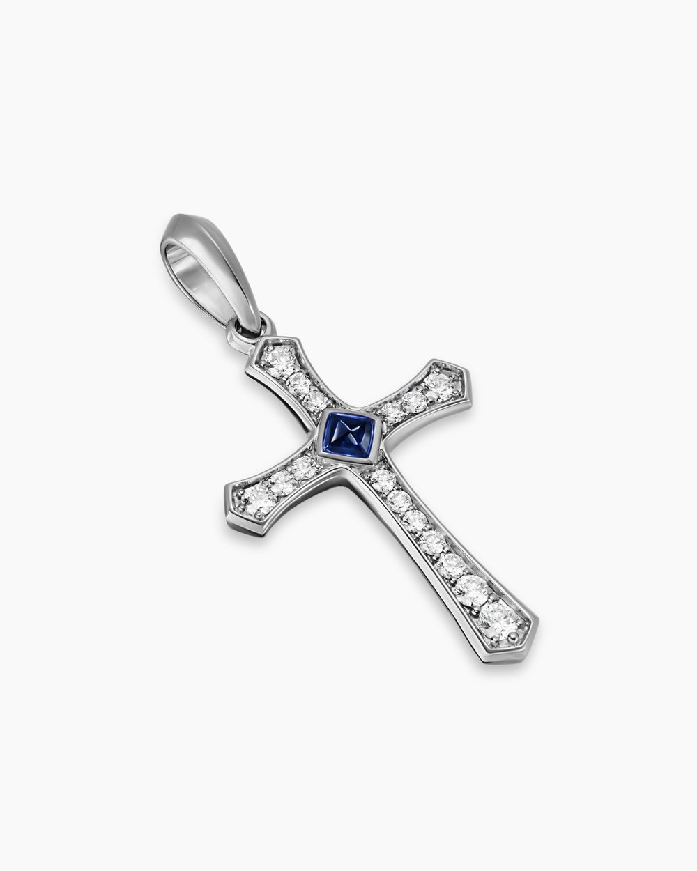 Mens Knife Edge Cross Amulet in 18K White Gold with Sapphire and Diamonds, 33.5mm