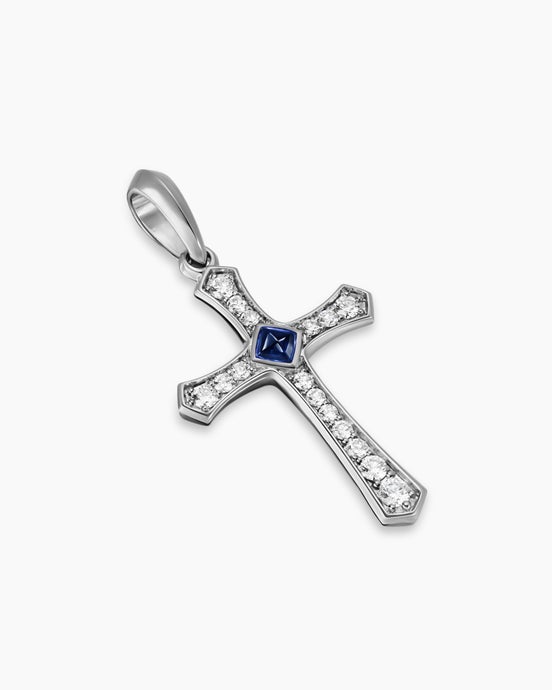 Knife Edge Cross Amulet in 18K White Gold with Sapphire and Diamonds, 33.5mm