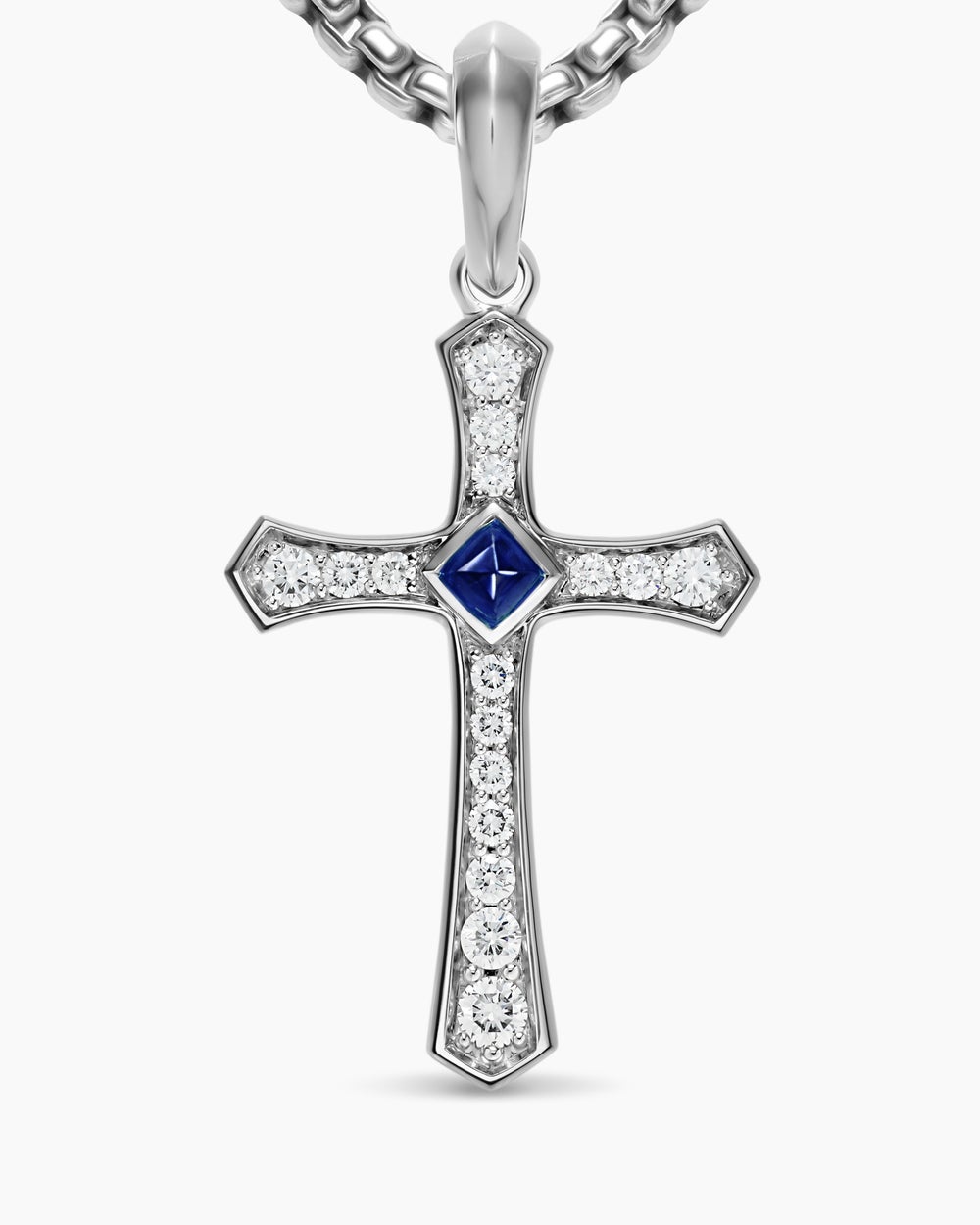 Mens Knife Edge Cross Amulet in 18K White Gold with Sapphire and Diamonds, 33.5mm