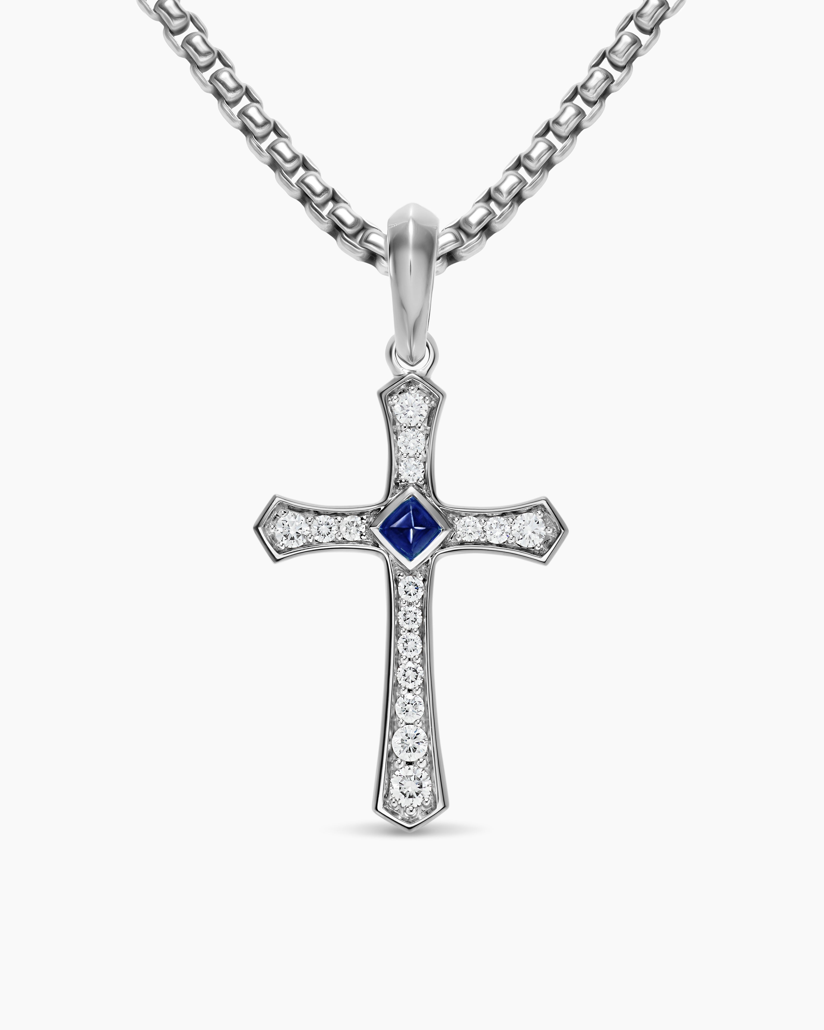 Mens Knife Edge Cross Amulet in 18K White Gold with Sapphire and Diamonds, 33.5mm