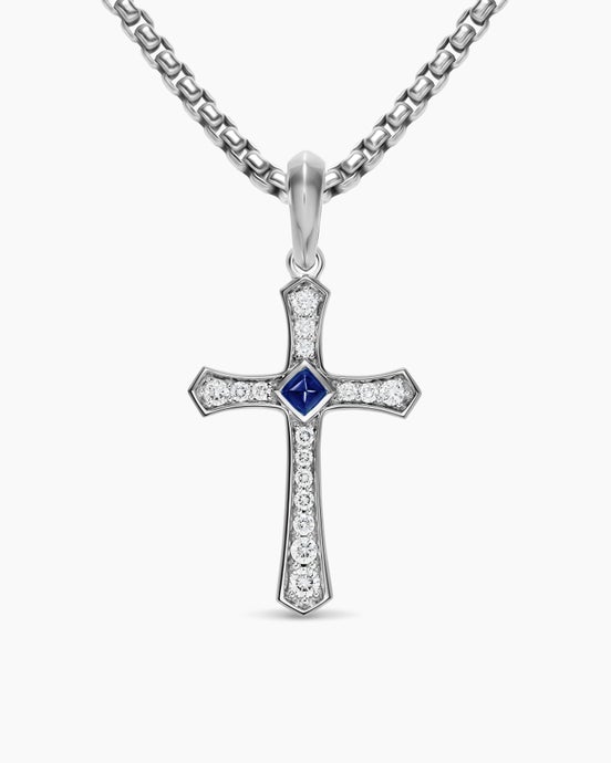 Knife Edge Cross Amulet in 18K White Gold with Sapphire and Diamonds, 33.5mm