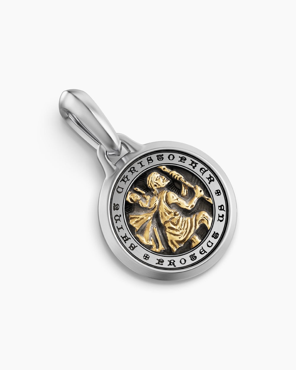 Mens St. Christopher Amulet in Sterling Silver with 14K Yellow Gold, 21.2mm