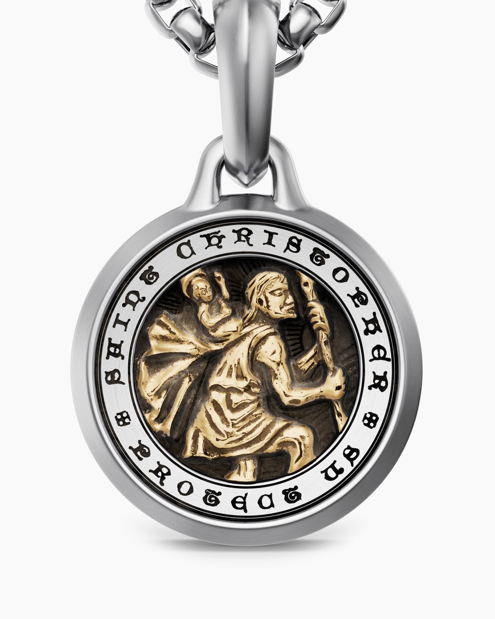 Mens St. Christopher Amulet in Sterling Silver with 14K Yellow Gold, 21.2mm