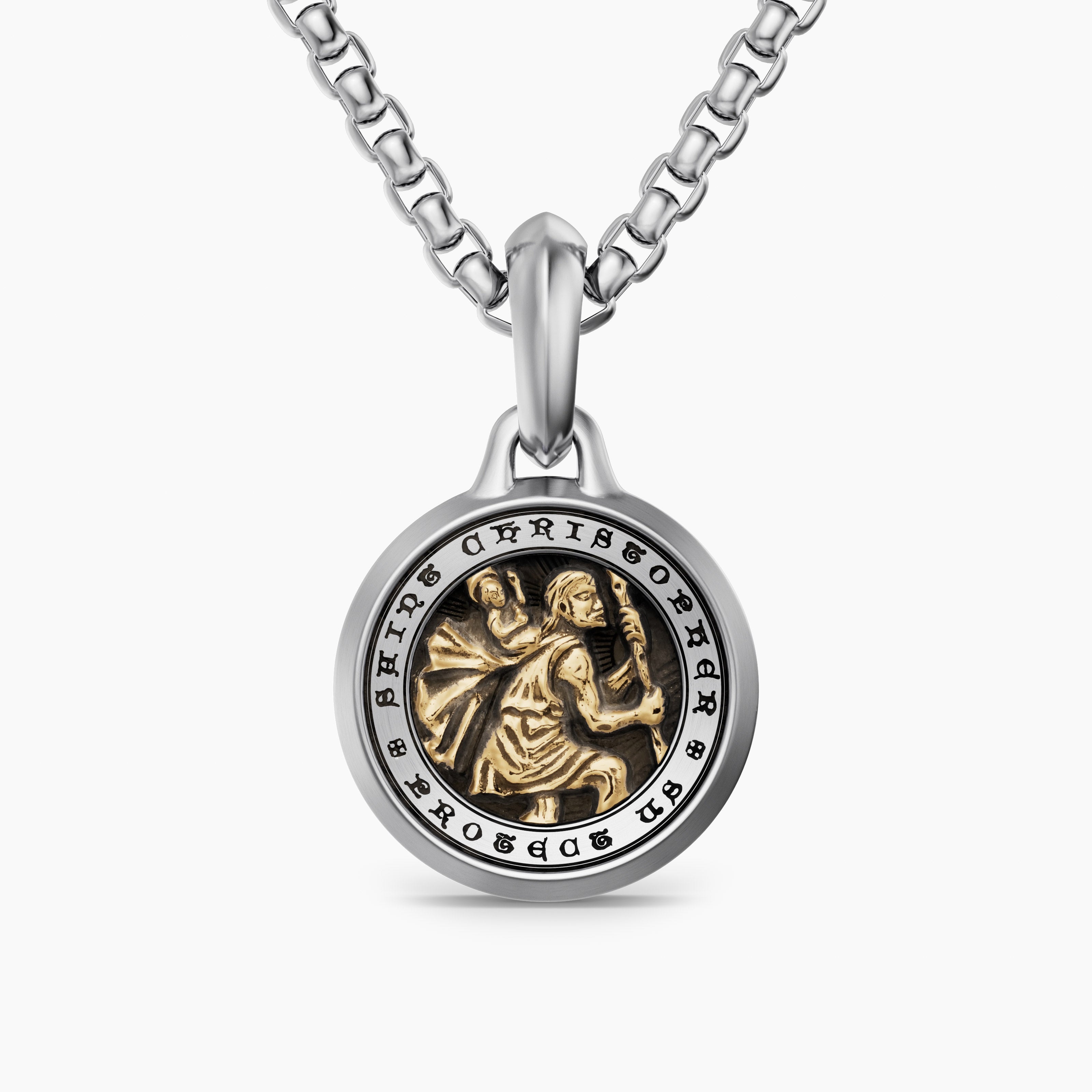 Mens St. Christopher Amulet in Sterling Silver with 14K Yellow Gold, 21.2mm