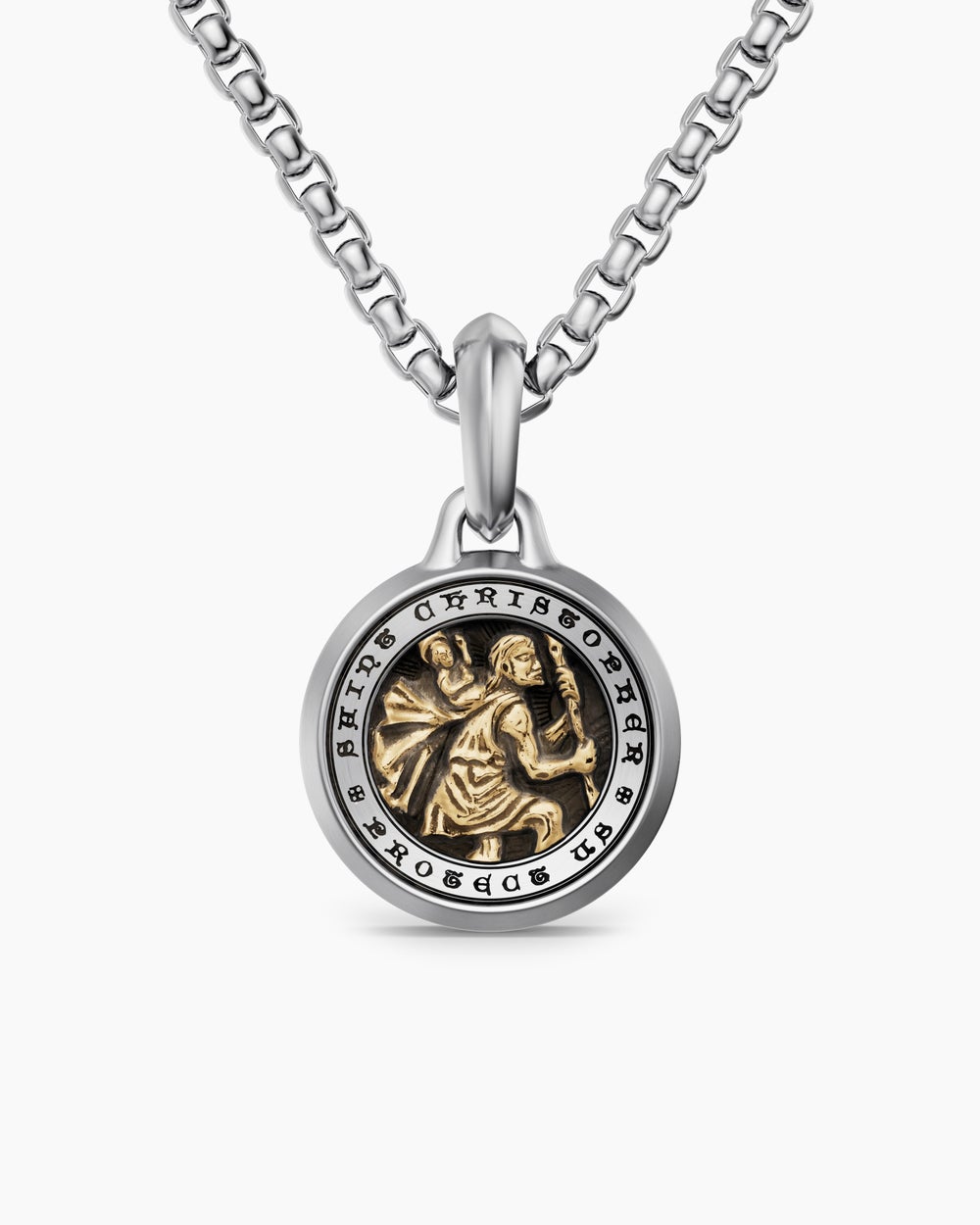 Mens St. Christopher Amulet in Sterling Silver with 14K Yellow Gold, 21.2mm