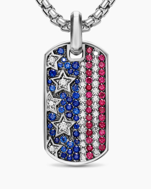 Plaque d’identité Chevron drapeau américain en argent sterling avec saphirs, diamants et rubis, 35 mm hommes
