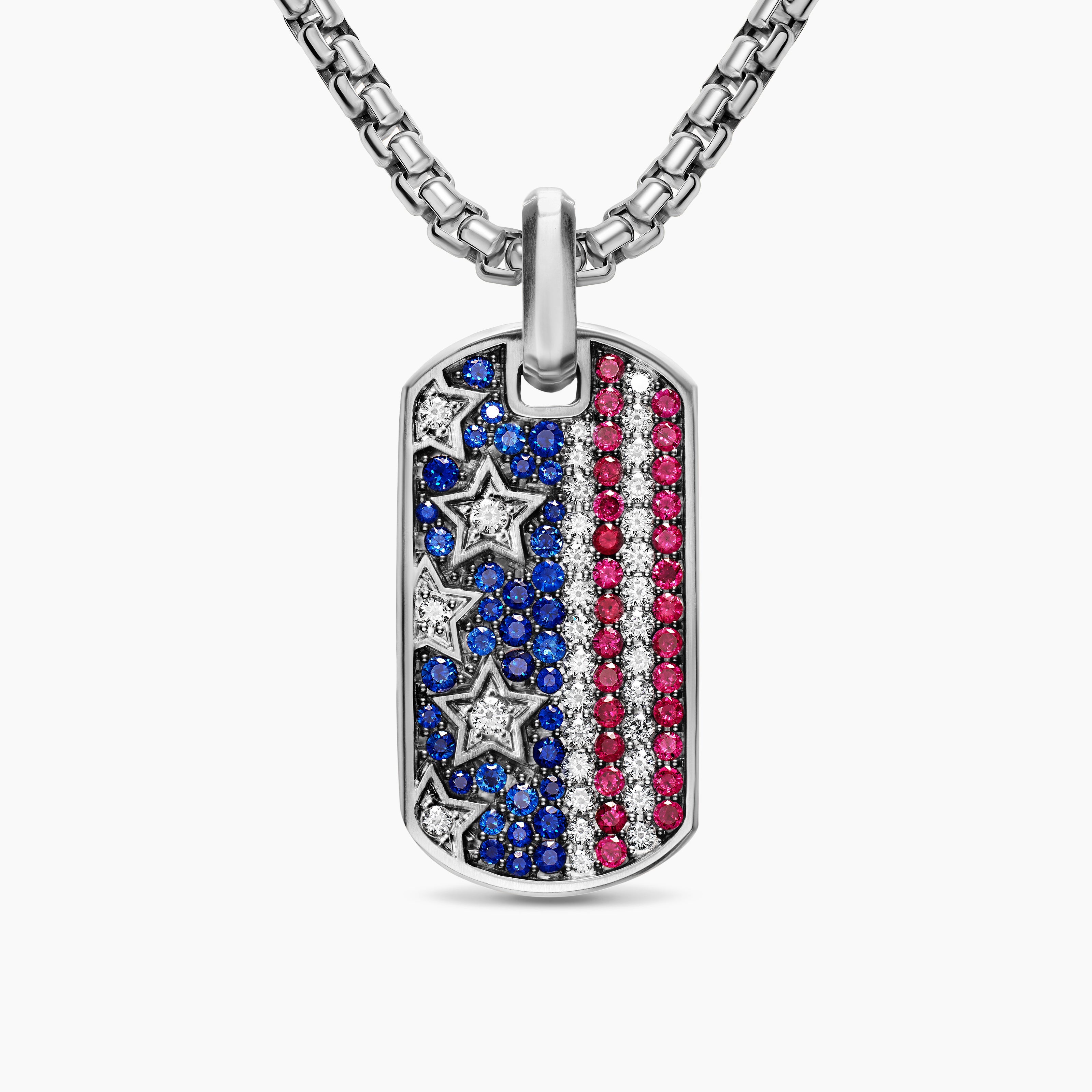 Plaque d&rsquo;identit&eacute; Chevron drapeau am&eacute;ricain en argent sterling avec saphirs, diamants et rubis, 35 mm hommes 