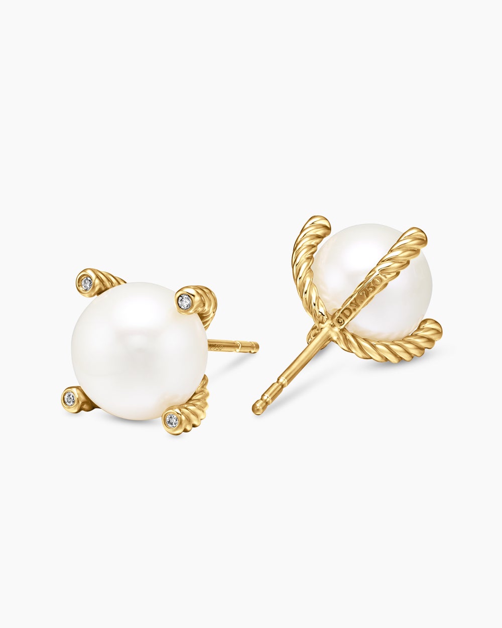 Womens Pearl Stud Earrings in 18K Yellow Gold with Pearls and Diamonds, 14mm