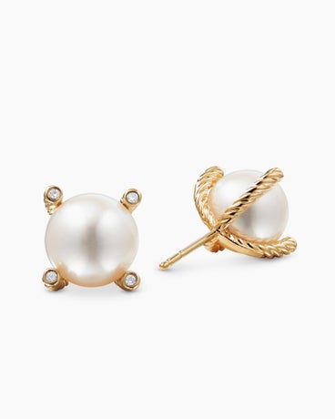 Pearl Stud Earrings in 18K Yellow Gold with Pearls and Diamonds, 14mm