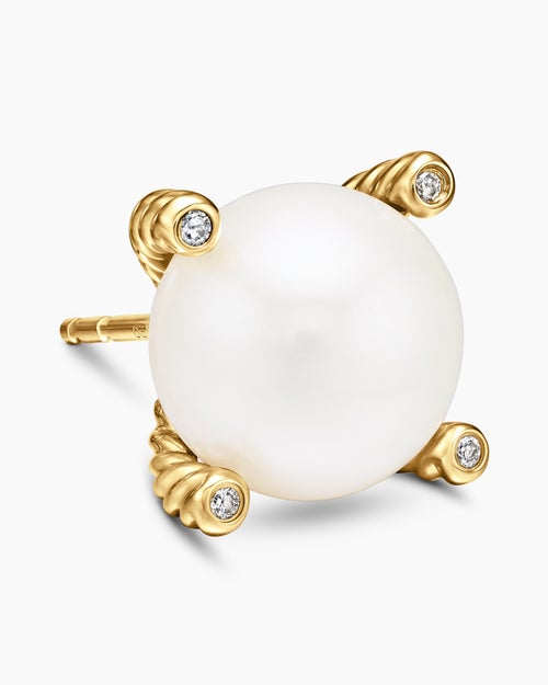 Womens Pearl Stud Earrings in 18K Yellow Gold with Pearls and Diamonds, 14mm