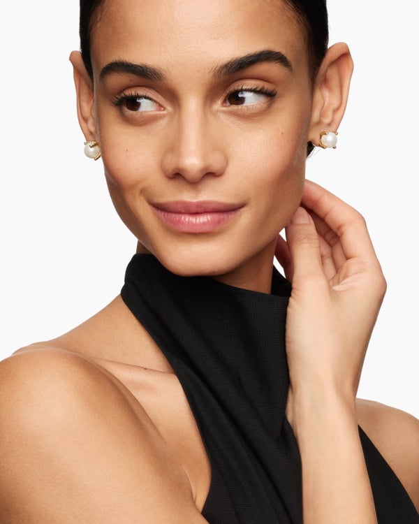 Pearl Stud Earrings in 18K Yellow Gold with Pearls and Diamonds, 14mm