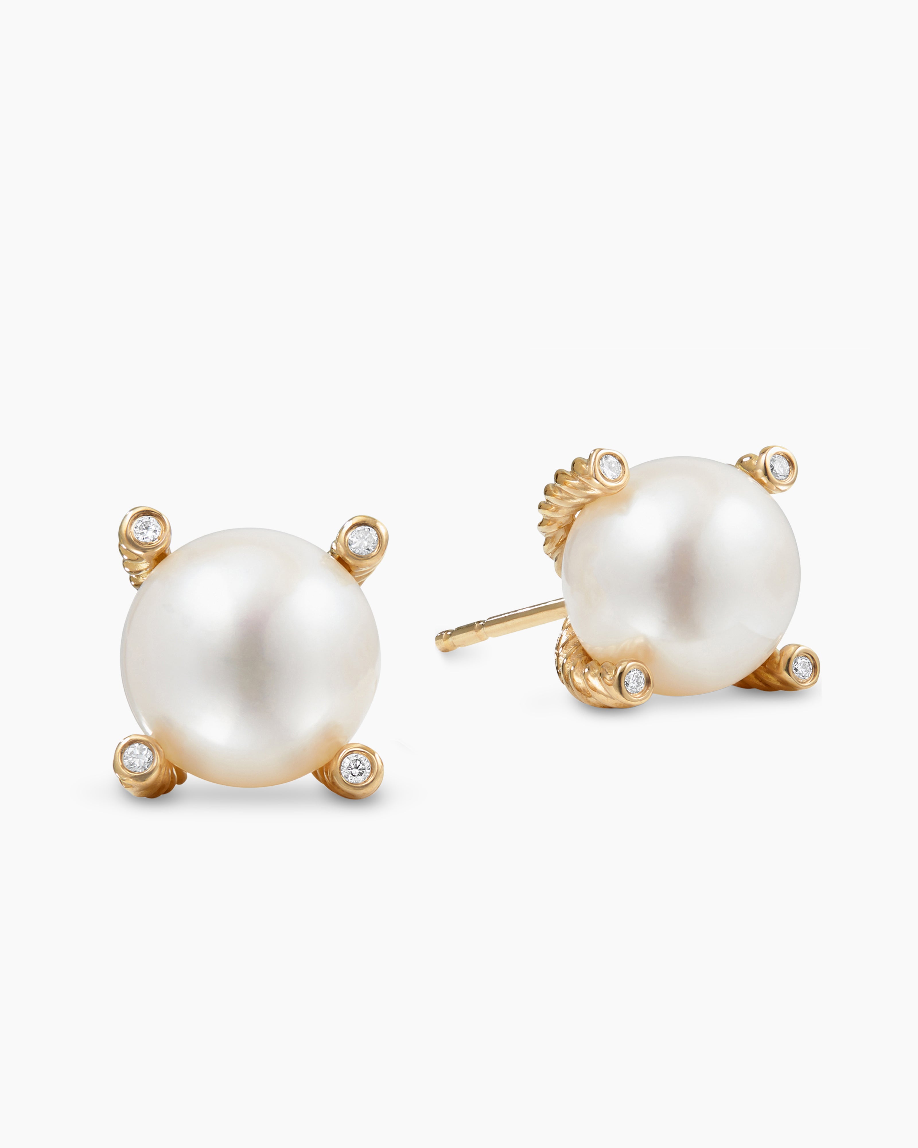 Cable Pearl Stud Earrings in 18K Yellow Gold with Diamonds | David