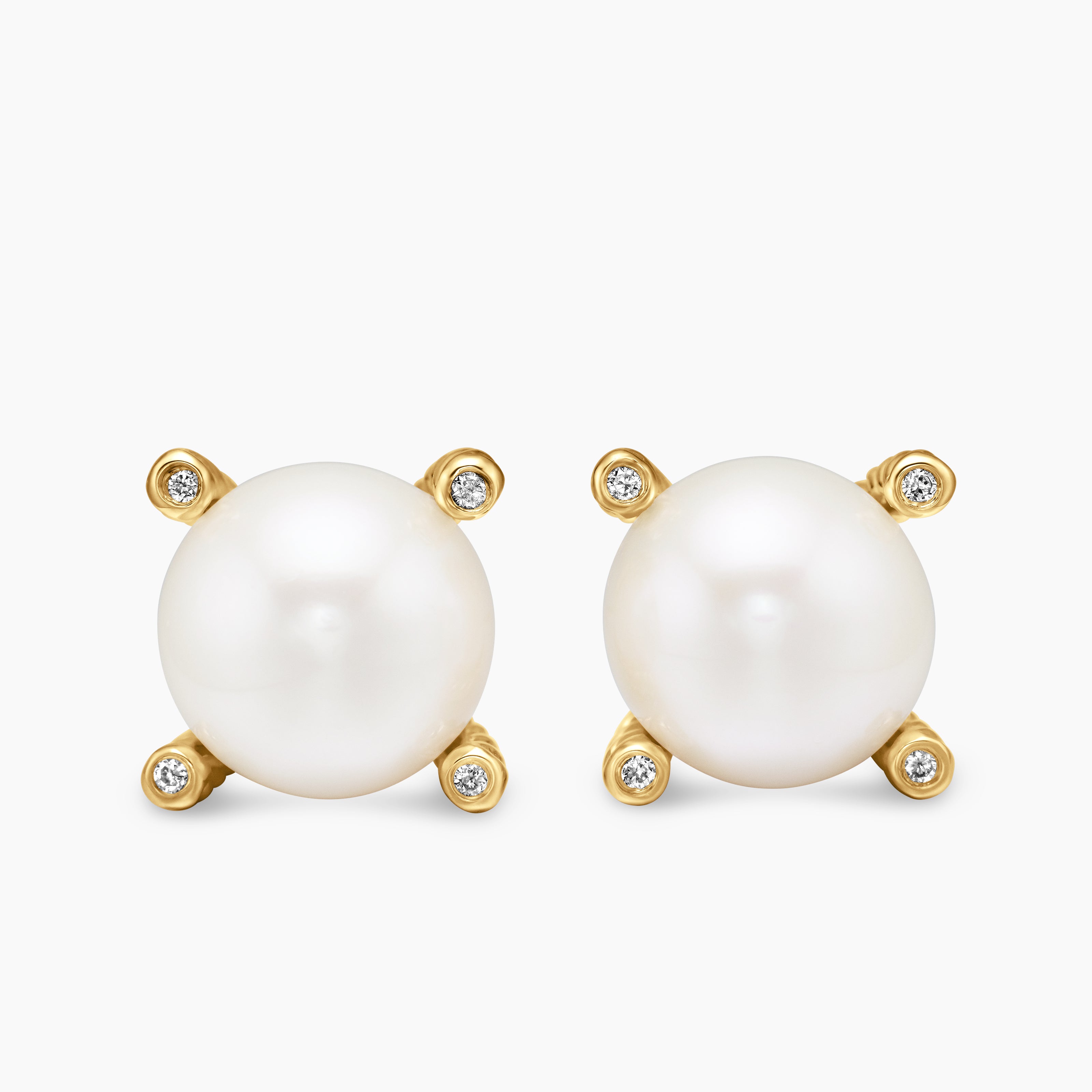 Womens Pearl Stud Earrings in 18K Yellow Gold with Pearls and Diamonds, 14mm