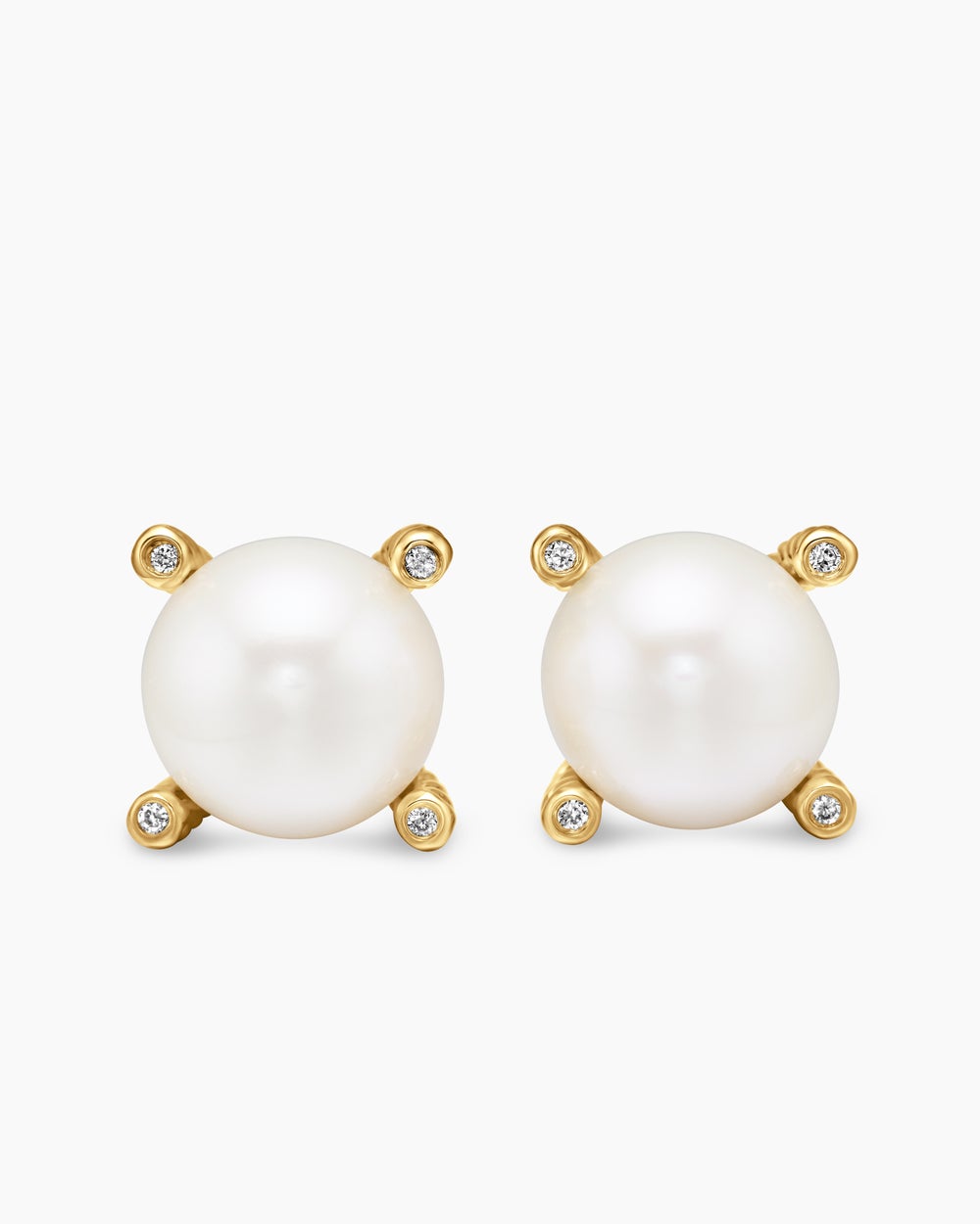 Womens Pearl Stud Earrings in 18K Yellow Gold with Pearls and Diamonds, 14mm