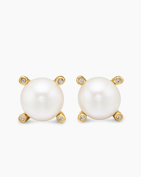 Pearl Stud Earrings in 18K Yellow Gold with Pearls and Diamonds, 14mm