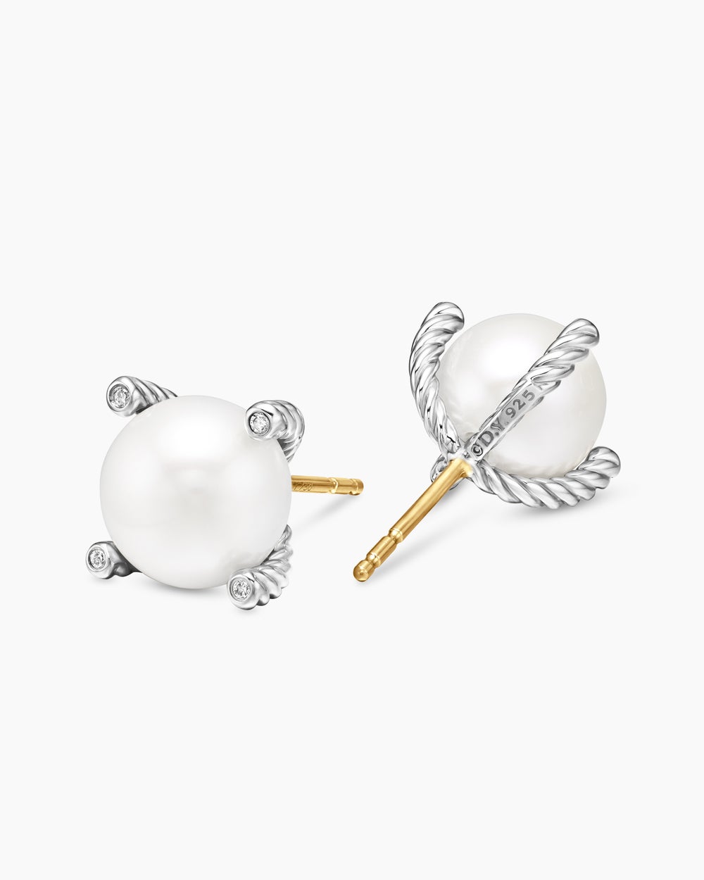 Womens Pearl Stud Earrings in Sterling Silver with Pearls and Diamonds, 14mm