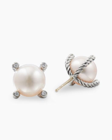 Pearl Stud Earrings in Sterling Silver with Pearls and Diamonds, 14mm