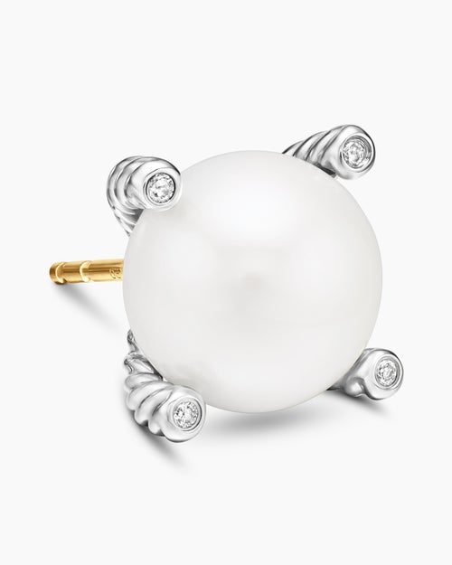 Womens Pearl Stud Earrings in Sterling Silver with Pearls and Diamonds, 14mm