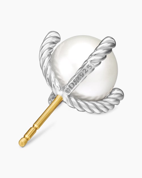 Womens Pearl Stud Earrings in Sterling Silver with Pearls and Diamonds, 14mm