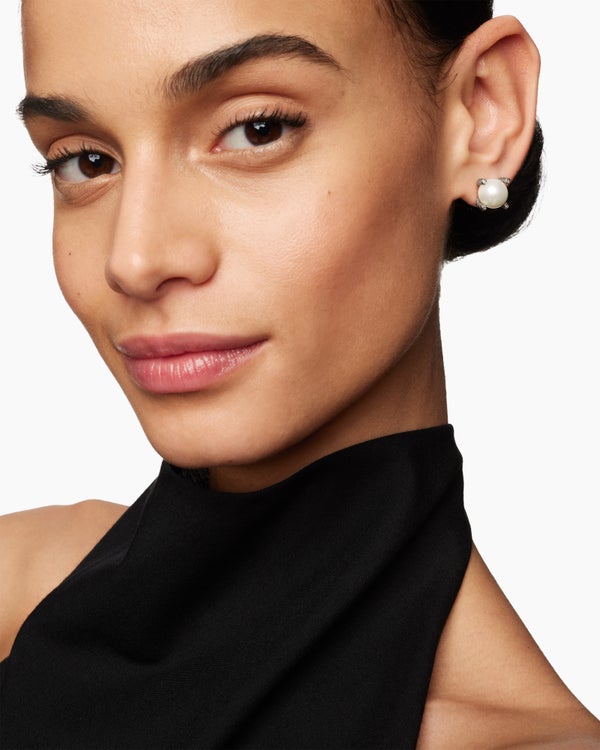 Clous d’oreilles à perles en argent sterling avec perles et diamants, 14 mm