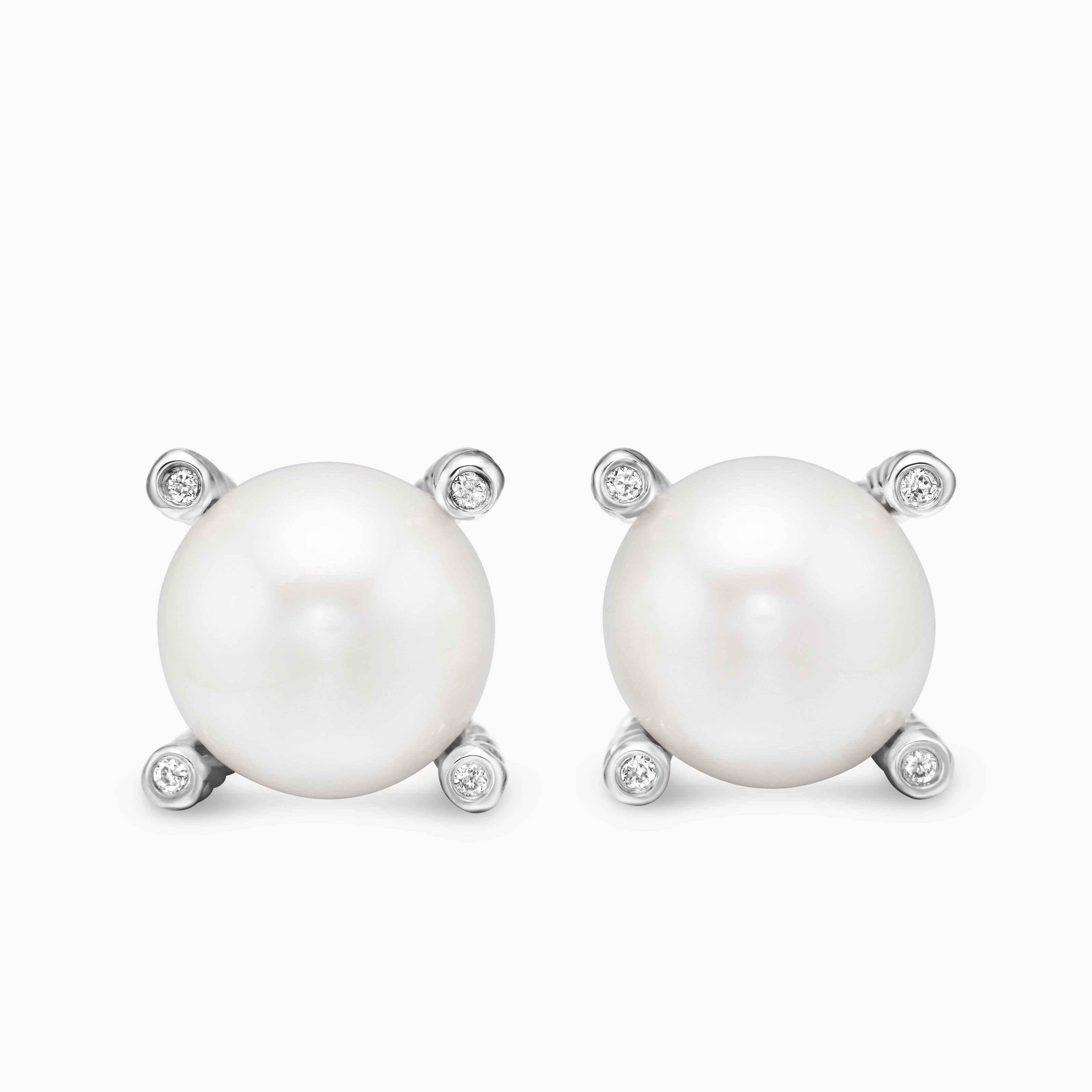 Womens Pearl Stud Earrings in Sterling Silver with Pearls and Diamonds, 14mm