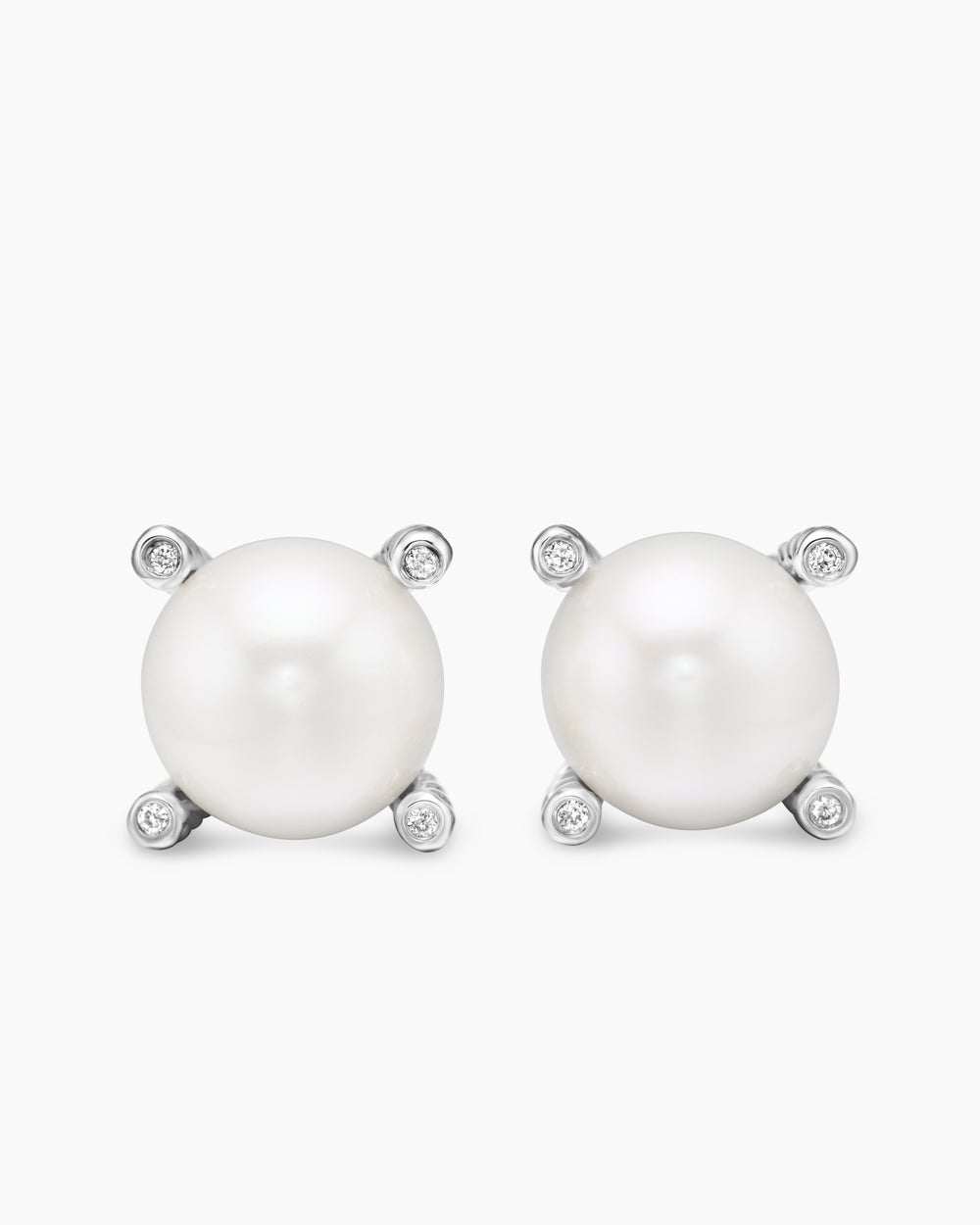 Womens Pearl Stud Earrings in Sterling Silver with Pearls and Diamonds, 14mm