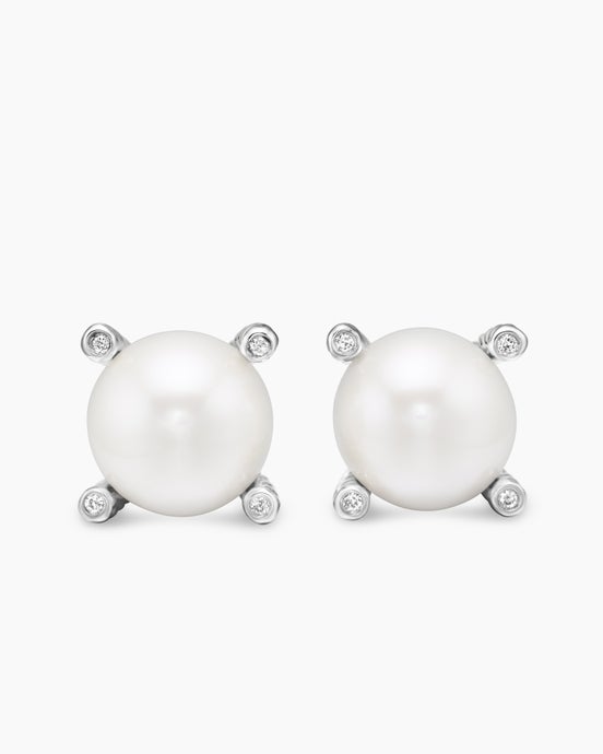 Pearl Stud Earrings in Sterling Silver with Pearls and Diamonds, 14mm
