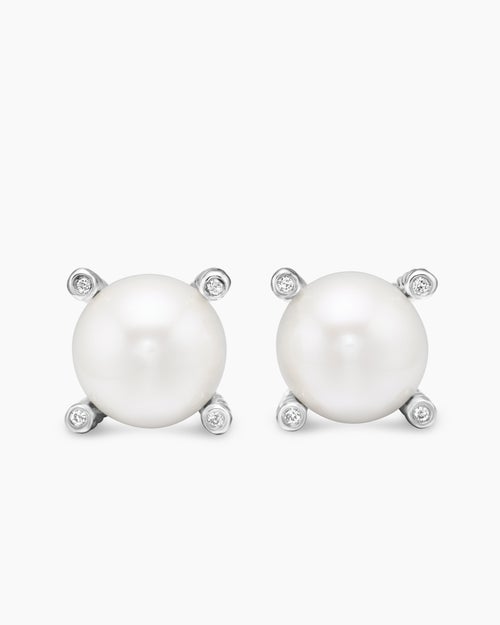Womens Pearl Stud Earrings in Sterling Silver with Pearls and Diamonds, 14mm