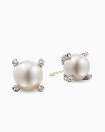Pearl Stud Earrings in Sterling Silver with Pearls and Diamonds, 14mm