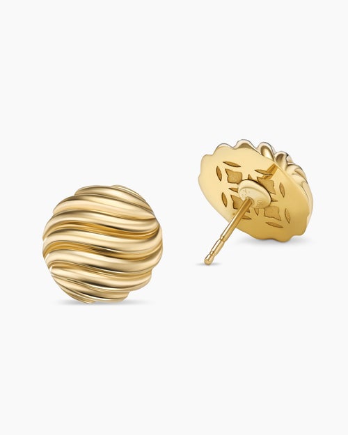 Womens Sculpted Cable Stud Earrings in 18K Yellow Gold, 14mm