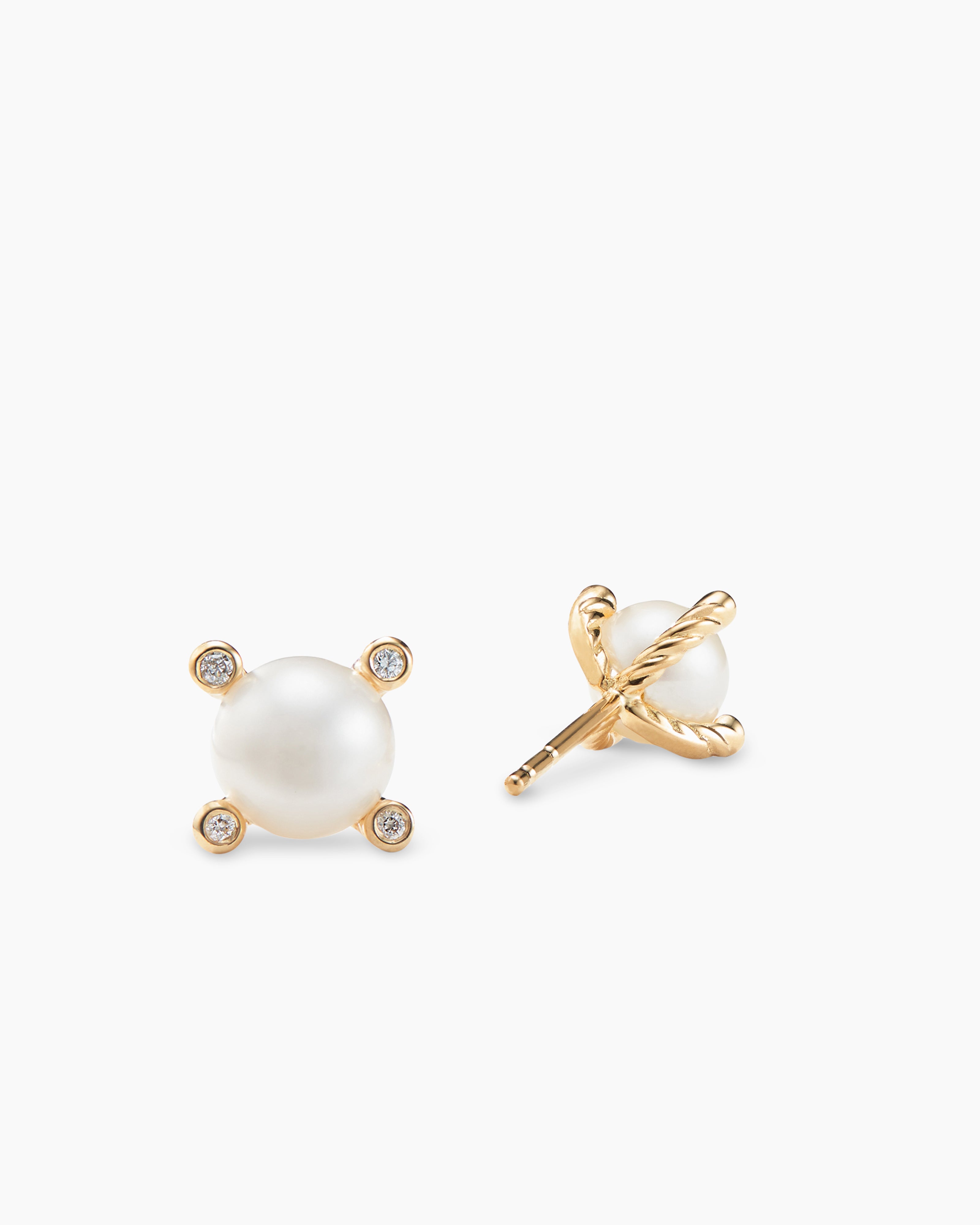 Cable Pearl Stud Earrings in 18K Yellow Gold with Diamonds