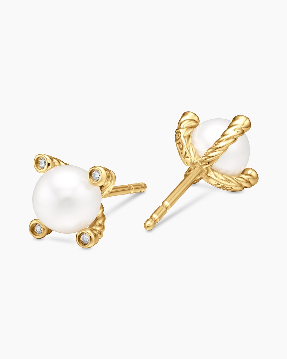 Womens Pearl Stud Earrings in 18K Yellow Gold with Pearls and Diamonds, 7.4mm