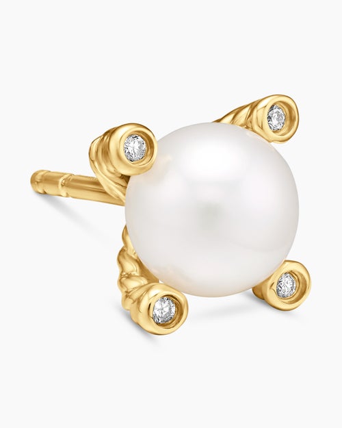 Womens Pearl Stud Earrings in 18ct Yellow Gold with Pearls and Diamonds, 7.4mm