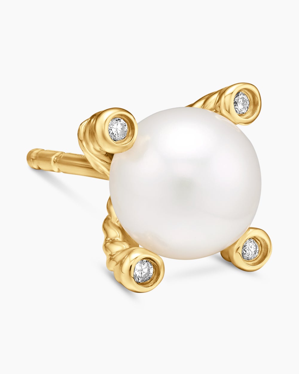 Womens Pearl Stud Earrings in 18K Yellow Gold with Pearls and Diamonds, 7.4mm