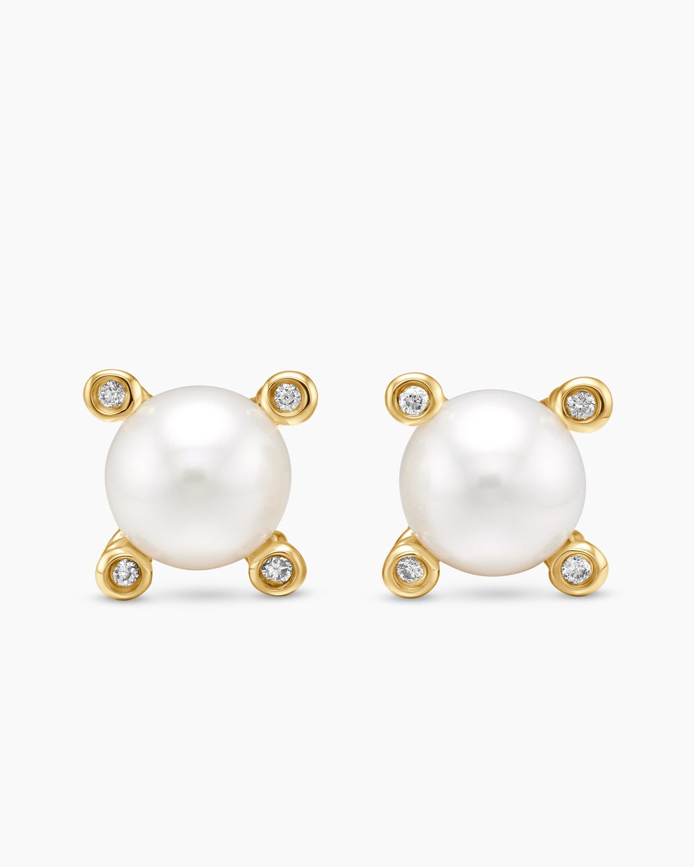Womens Pearl Stud Earrings in 18K Yellow Gold with Pearls and Diamonds, 7.4mm