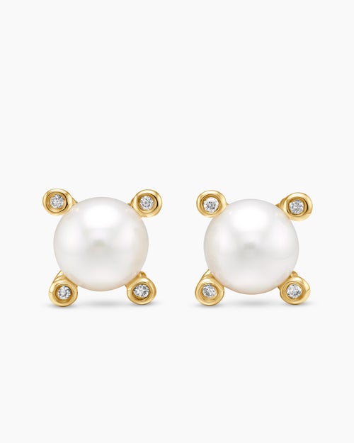 Womens Pearl Stud Earrings in 18ct Yellow Gold with Pearls and Diamonds, 7.4mm