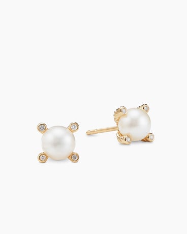 Pearl Stud Earrings in 18K Yellow Gold with Pearls and Diamonds, 7.4mm
