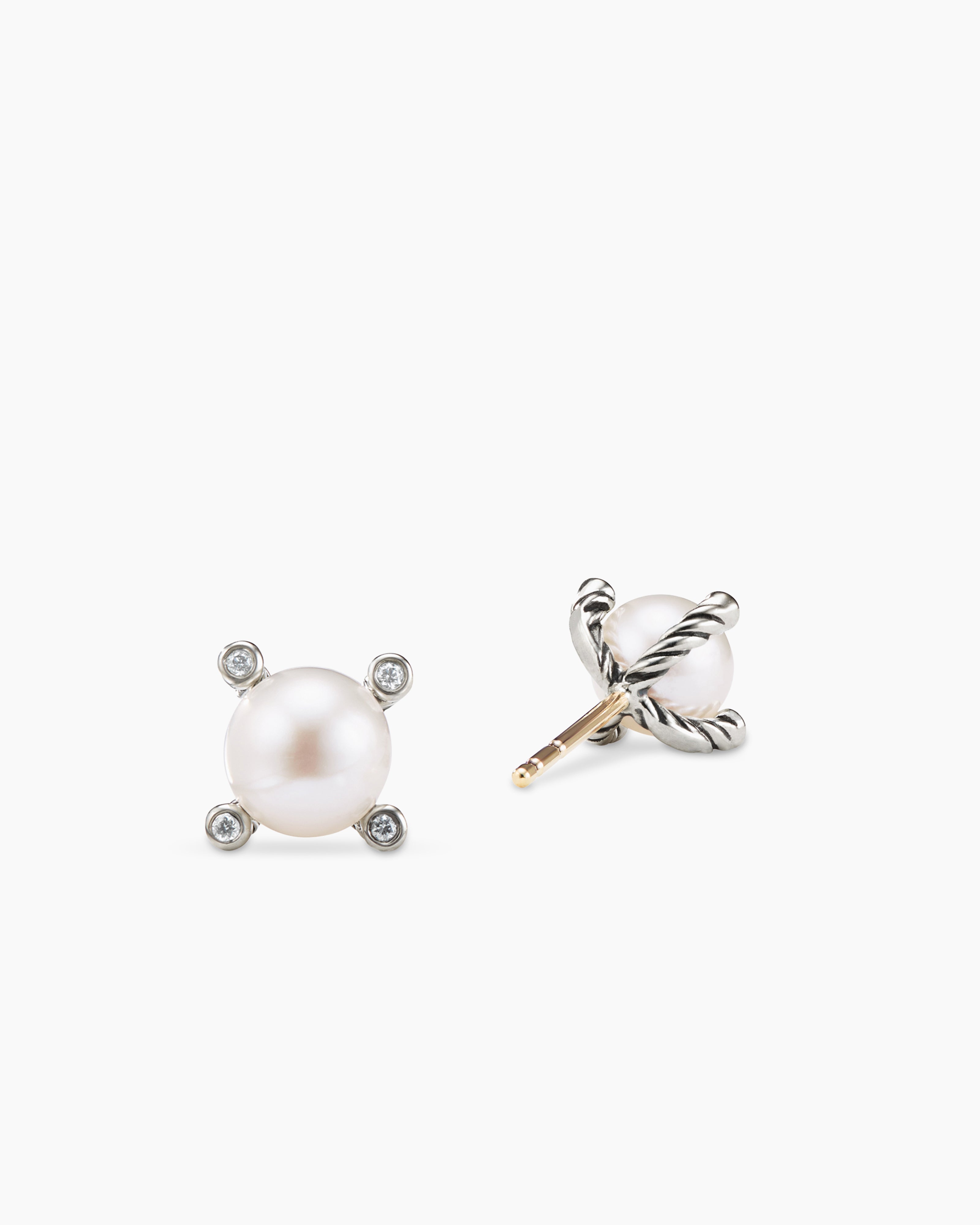 David Yurman Small Pearl Earrings with Diamonds Silver