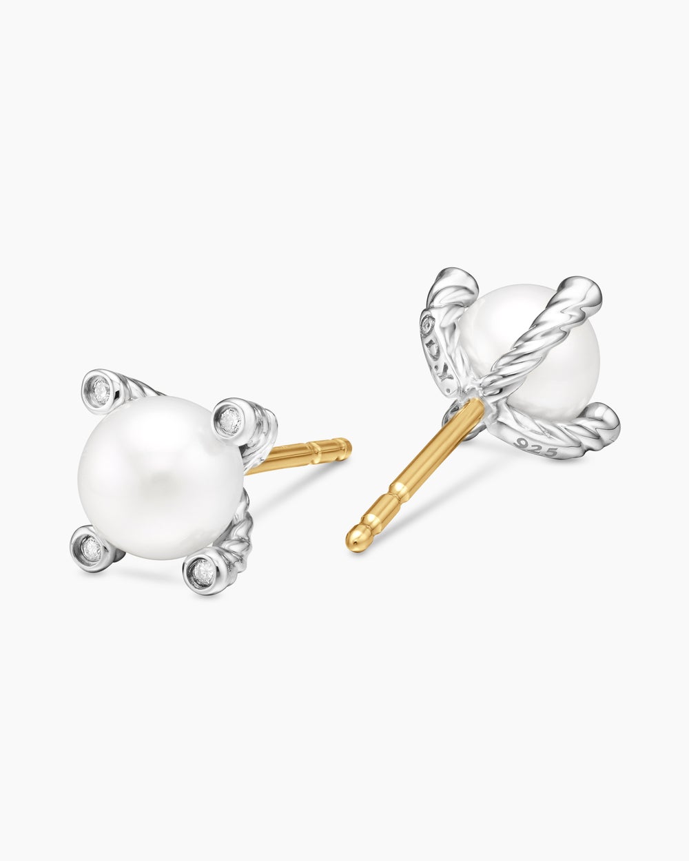 Womens Pearl Stud Earrings in Sterling Silver with Pearls and Diamonds, 7.4mm