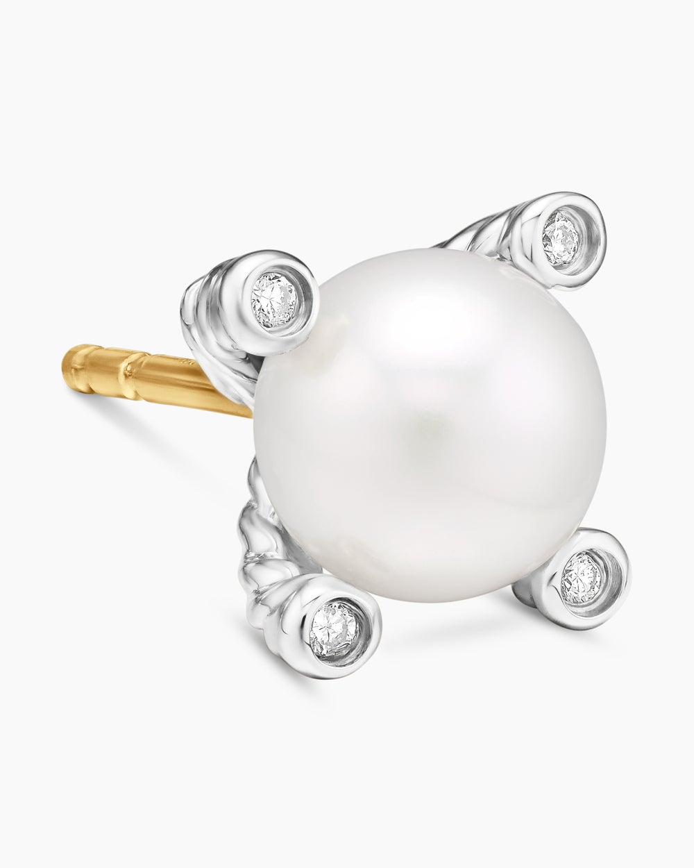 Womens Pearl Stud Earrings in Sterling Silver with Pearls and Diamonds, 7.4mm