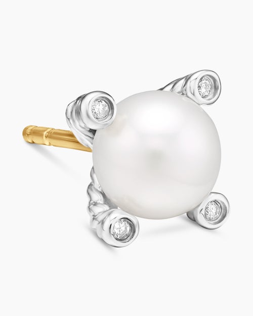 Womens Pearl Stud Earrings in Sterling Silver with Pearls and Diamonds, 7.4mm