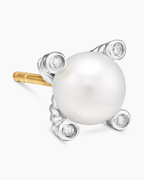 Pearl Stud Earrings in Sterling Silver with Pearls and Diamonds, 7.4mm