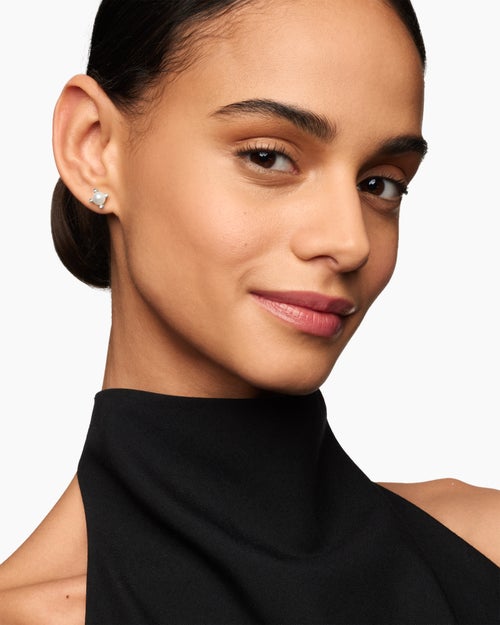 Womens Pearl Stud Earrings in Sterling Silver with Pearls and Diamonds, 7.4mm