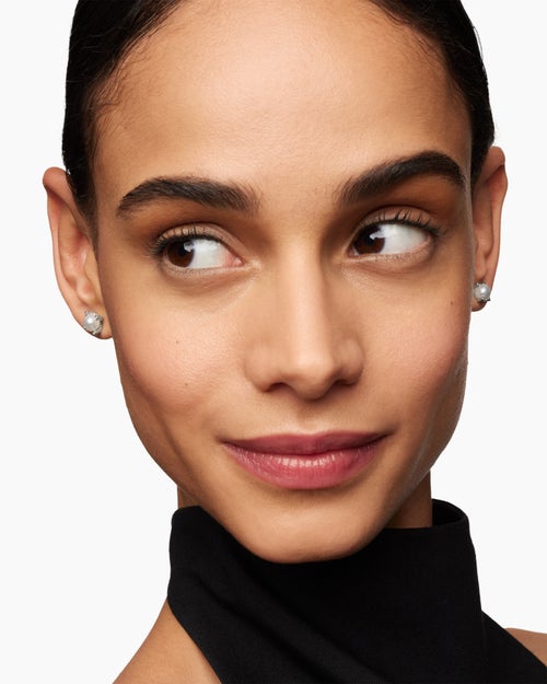 Womens Pearl Stud Earrings in Sterling Silver with Pearls and Diamonds, 7.4mm