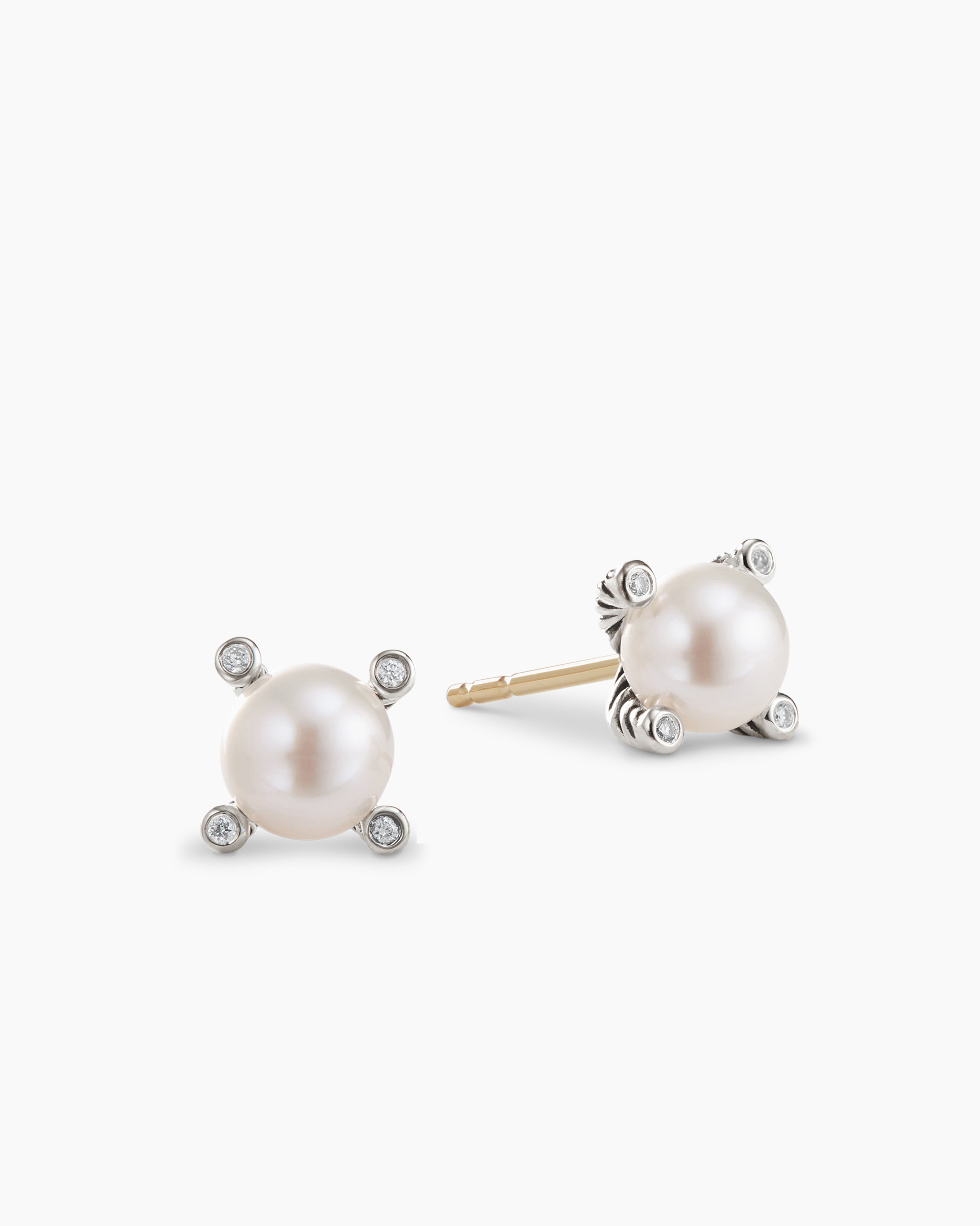Pearl Stud Earrings in Sterling Silver with Pearls and Diamonds, 7.4mm |  David Yurman