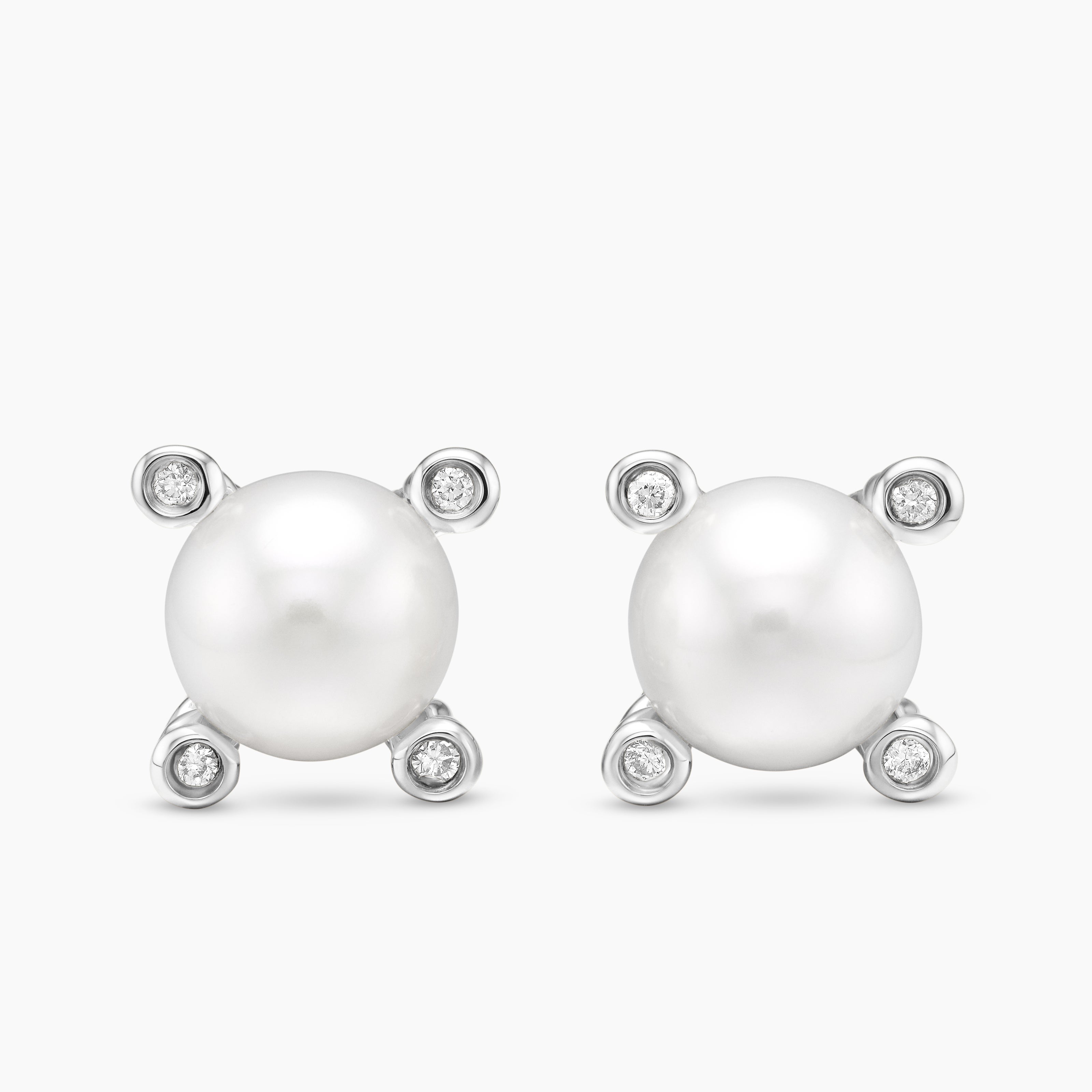 Womens Pearl Stud Earrings in Sterling Silver with Pearls and Diamonds, 7.4mm